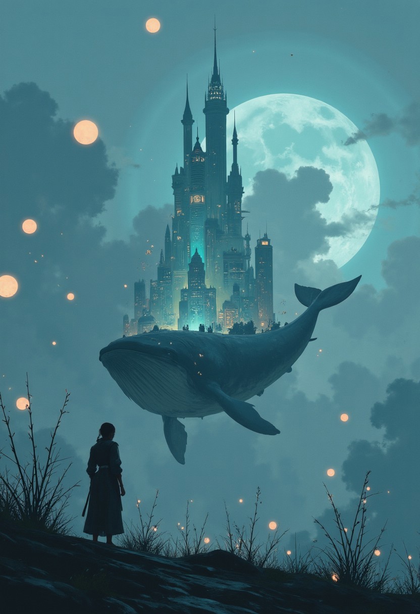 A
A city built on the backs of enormous whales glides through an endless sea of mist. Its buildings are made of crystal glass, reflecting the pale glow of floating lanterns that drift in the air like miniature moons.
, aidmabaldursgate3,