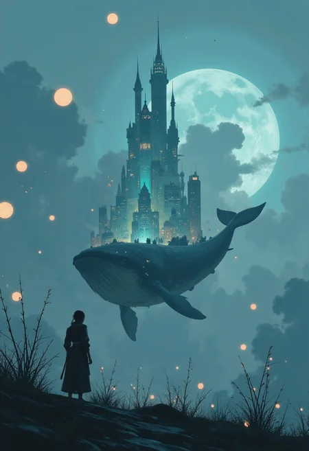A
A city built on the backs of enormous whales glides through an endless sea of mist. Its buildings are made of crystal glass, reflecting the pale glow of floating lanterns that drift in the air like miniature moons.
, aidmabaldursgate3,