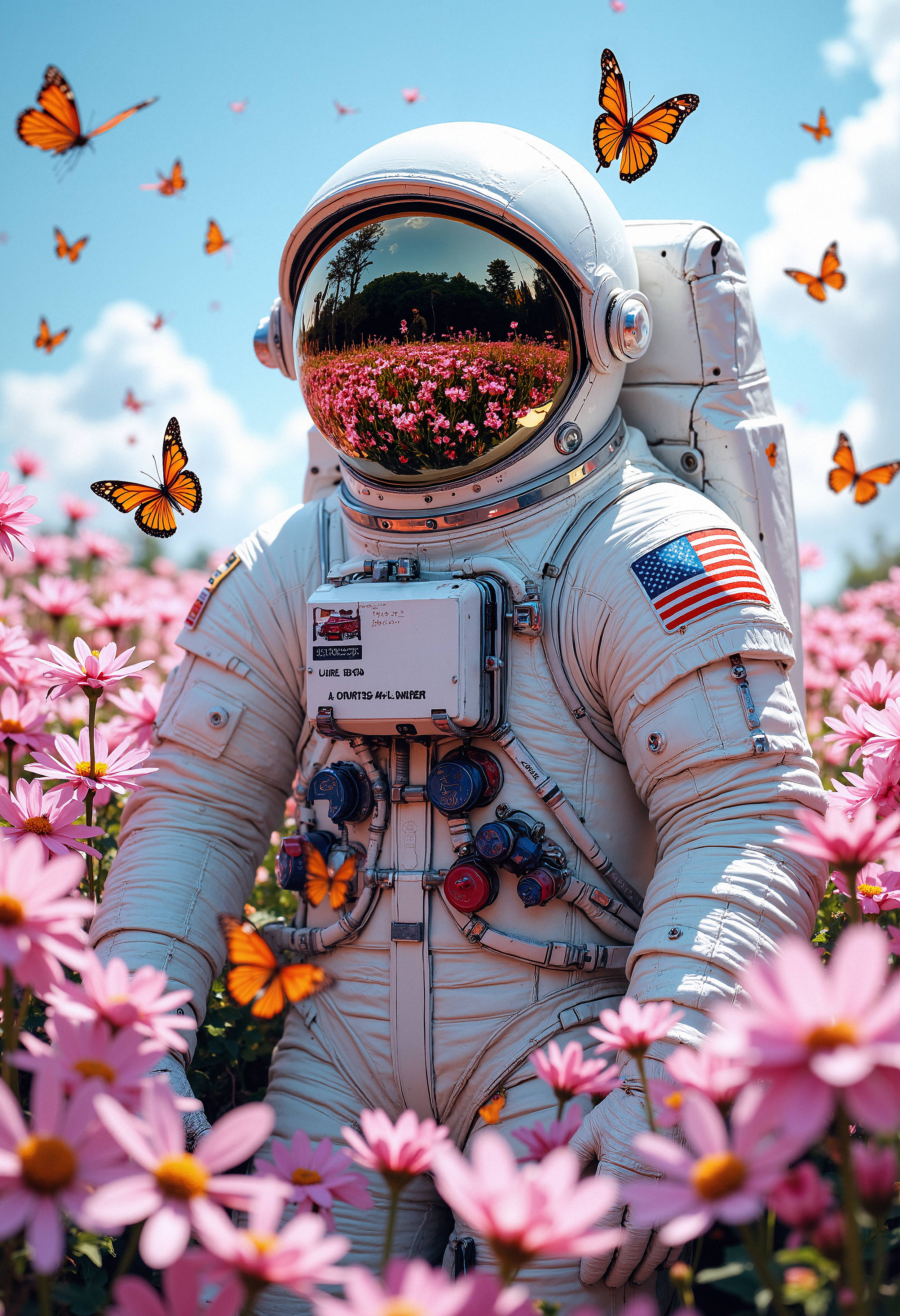 A lone astronaut in a white spacesuit with a reflective visor, standing waist-deep in a field of dense pink flowers. The astronaut's suit is detailed, with visible creases, joints, and connectors, all in shades of white. The visor reflects the surrounding flowers and the blue sky with a few clouds. Butterflies, orange with white patterns, flutter around the astronaut, some near the helmet. The flowers are delicate, with pink petals and yellow centers, densely packed around the astronaut, covering the ground. The lighting is soft, with a dreamy, surreal atmosphere, emphasizing the contrast between the astronaut and the natural surroundings.   <lora:FluxMythP0rtr4itStyle:0.8> MythP0rt,   <lora:aidmaImageUpgrader-FLUX-V0.1:0.33> detailmaximizer,  <lora:aidmaMJ6.1-FLUX-V0.1:0.6> midjourneyv6.1,