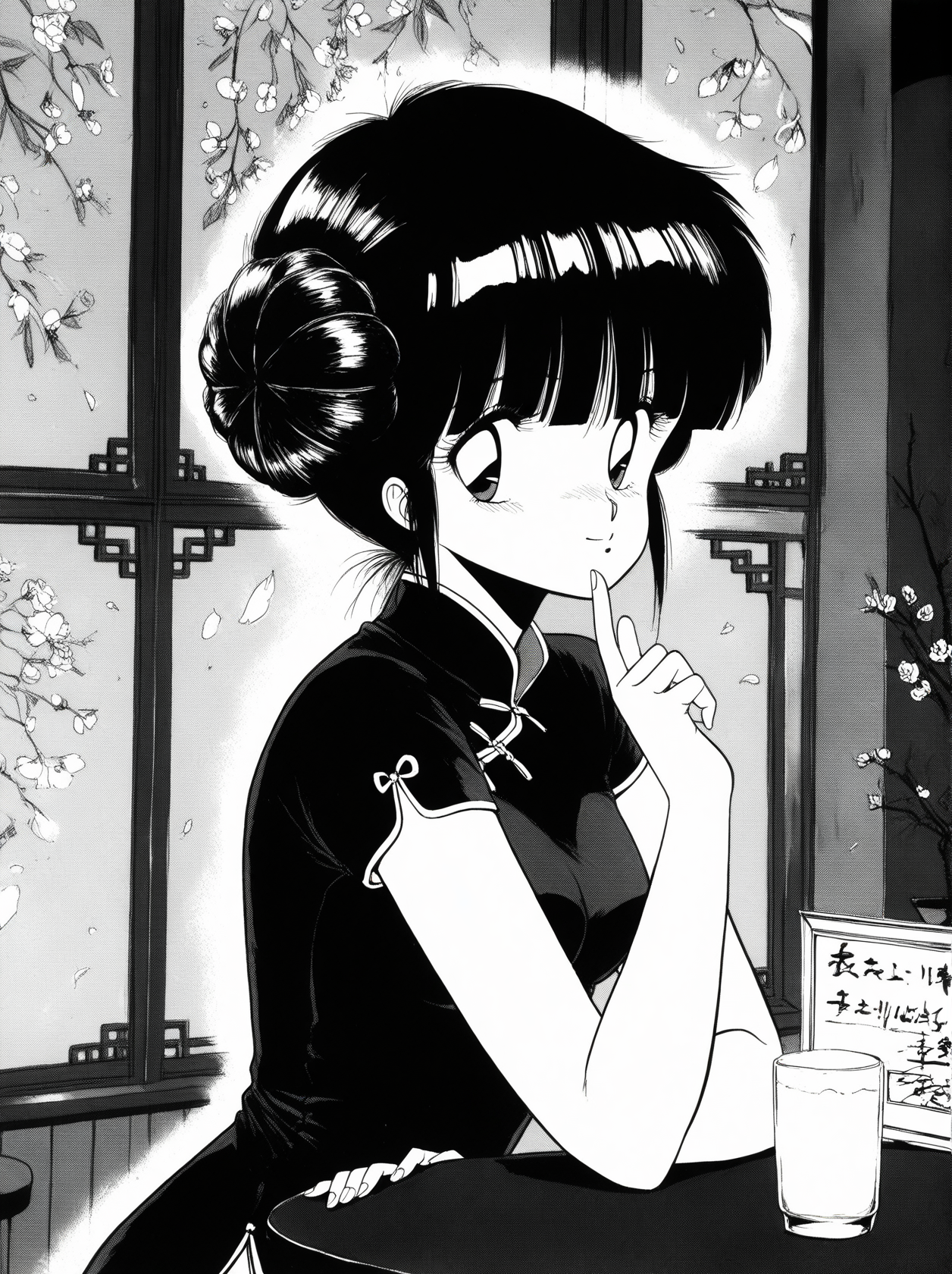 highres,ultra-detailed,very aesthetic,best quality,best hands,1980s,monochrome,grayscale,<lora:oonuma_hiroshi_v00:0.8>,1girl,medium breasts,black hair,twin bun hairstyle,blunt bangs,Chinese dress,bar,
