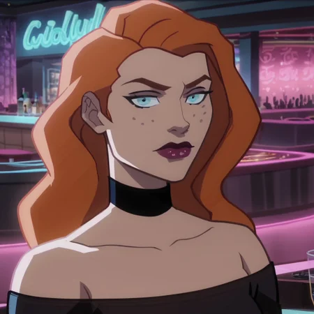 score_9, score_8_up, score_7_up, 1girl, solo, lipstick, orange hair, long hair, freckles, blue eyes, collarbone, black dress, choker, Knockout (dc), looking at viewer, nightclub, closed mouth, cartoon_screencap