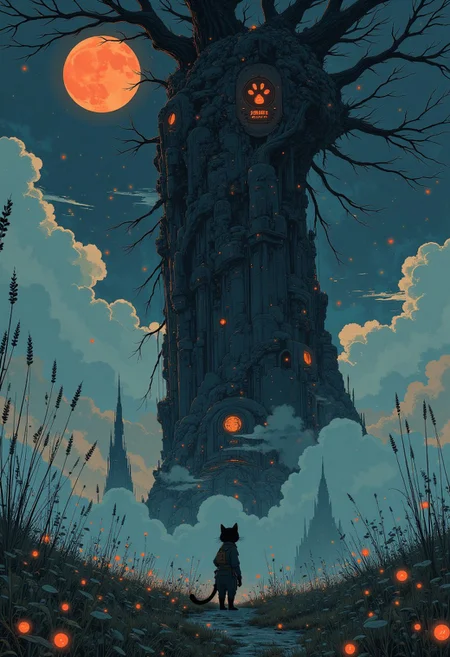 This is a highly detailed and intricate digital painting, depicting a lone black cat standing in a vast, eerie landscape under a dark, starry sky. Blood red crescent moon.The cat with its furry black visage faces a towering, ancient, and crumbling monolithic stone structure with a glowing magenta cat pawprint rising to the heavens. The foreground is a grey, mossy plain with faint will-o-wisps illuminating the scene.a faint, eerie glow, creating a surreal, haunting atmosphere. The camera angle is low, emphasizing the height of the structure.