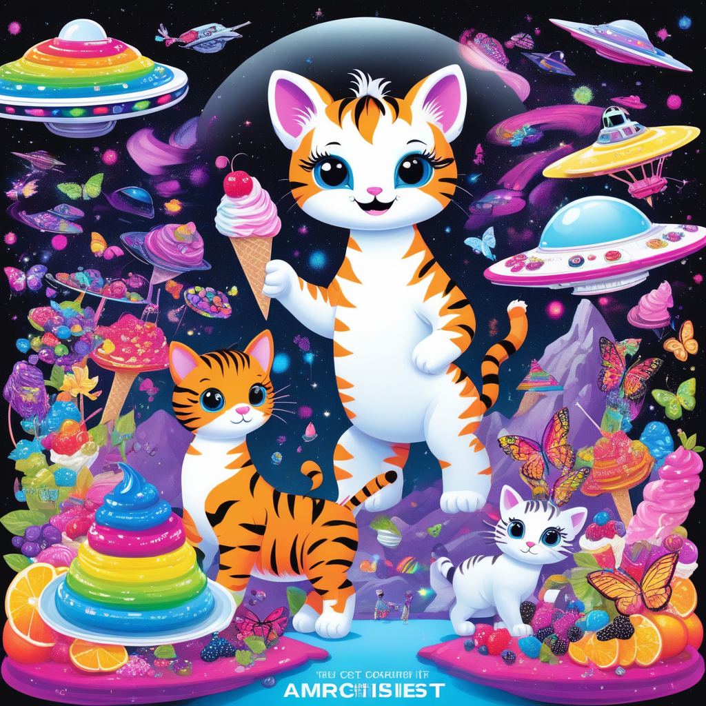 ice cream, spacecraft, scales, watermark, tiger, vibrant rainbow, flower, english text, hair bow, scenery, butterfly, light sparkles, fantasy landscape, door, cute creatures, cat, glowing, colorful, outdoors, unicorn, fruit, black background, eighth note, ufo, candy, jewelry, science fiction, multicolored hair, pop art, smile, anthropomorphic animals, rainbow hair