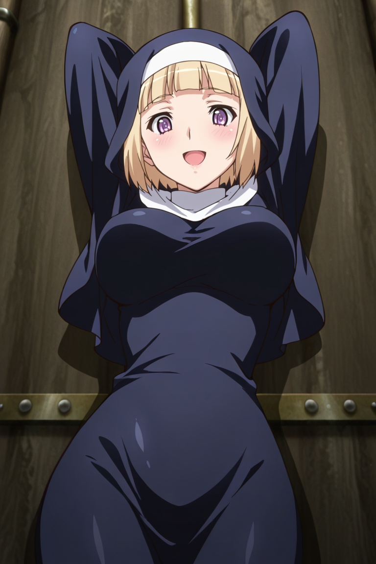 masterpiece, best_quality, 8k, ,source_anime, 1girl, breasts, , blonde hair, large breasts, purple eyes, open mouth, , solo, short hair, , blush, arms up,  nun, smile