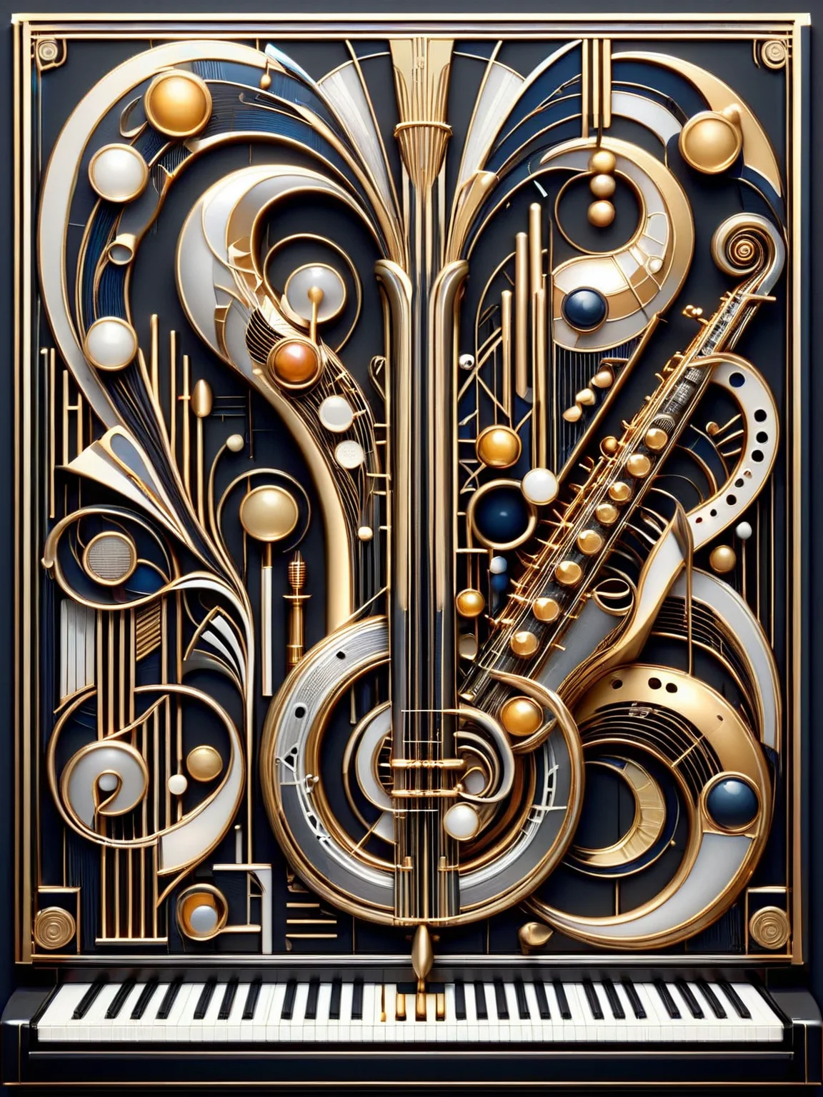 ais-artdeco, an abstract representation of jazz music with musical notes and instruments <lora:Art_Deco_Style_SDXL:1>