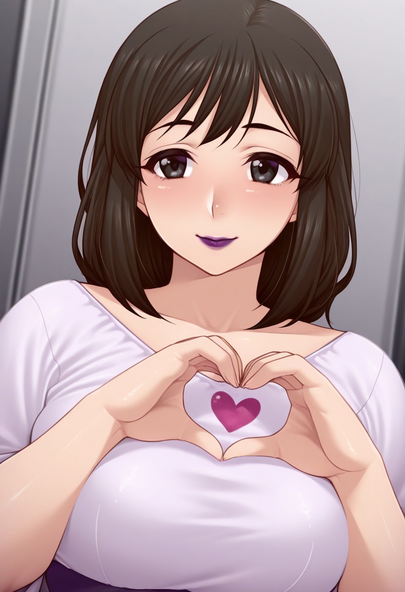 , 1girl, solo, medium build, medium hair, sfw, safe for work, covered skin, flowy dress,  black eyes, purple lipgloss, smiling, portrait, upper body, heart hands, mature female, foreshortening, detailed, newest, shiny skin, cowboy angle, solo focus, medium breasts, namidame