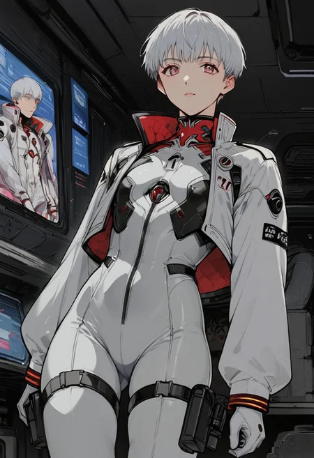 core_9, score_8_up, score_7_up, score_6_up, score_5_up, score_4_up,1 boy, short hair, 18 years old, albino, white hair, neon pink eyes, pale skin, golden collar, fitness boy, Diamond pattern, lightweight padded jacket, long sleeve, cropped padded jacket, coat, puffer and packable coats, tactical jacket, cyberpunk jacket, tacticalgear, Fashionable style, long sleeves, white bodysuit, latex bodysuit, eva 01 plug suit, white gloves, pistols holstered on their thighs, shiny clothes, science fiction, standing, artist name, cowboy shot, looking at viewer, low angle, background room, spaceship cabin, neon lights.