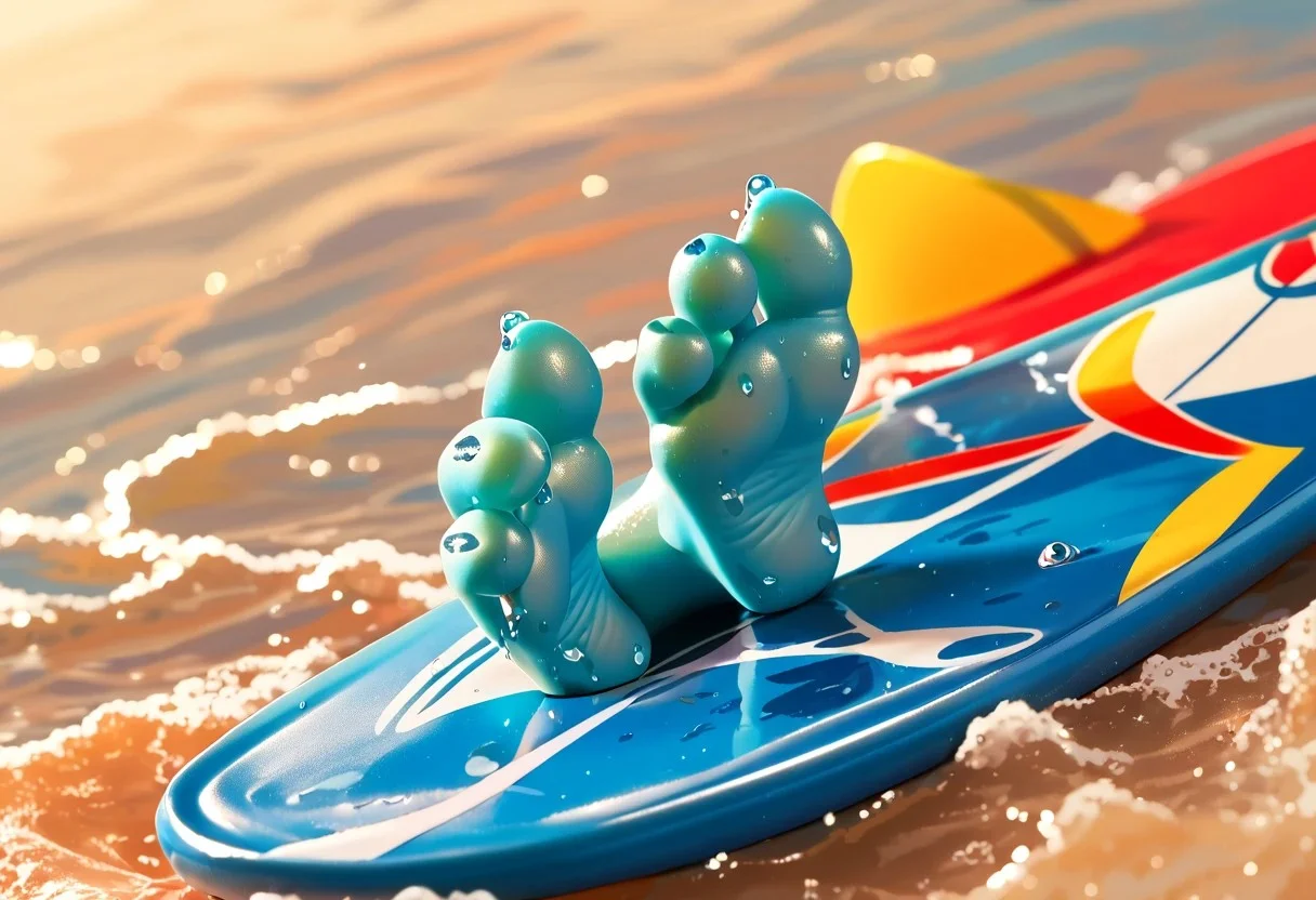 score_9, score_8_up, score_7_up, score_6_up, <lora:POKEMON_TOTODILE:1> totodile, pokemon (creature), blue feet, 3 toes, foot focus, feet style, foot style, water, surfing, feet on surfboard, wet on feet