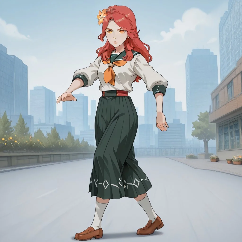 koichi_pose, freebos_smoothiestyle, 1girl,solo, Lucrezia_UM, red hair, amber eyes, flower in hair, school uniform, full body, city