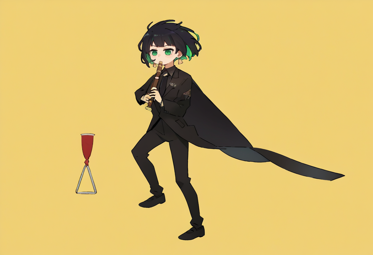 score_9, score_8_up, score_7_up, source_anime, simple background, yellow background, solo, 1girl, edgAllmind, kyoufuuallback, full body, holding flute, blunt bangs, two tone hair, green eyes, black suit, necktie, earrings <lora:concept_kyoufuuallback_ponyXL:1> <lora:edgAllMindPonyv1:0.9>