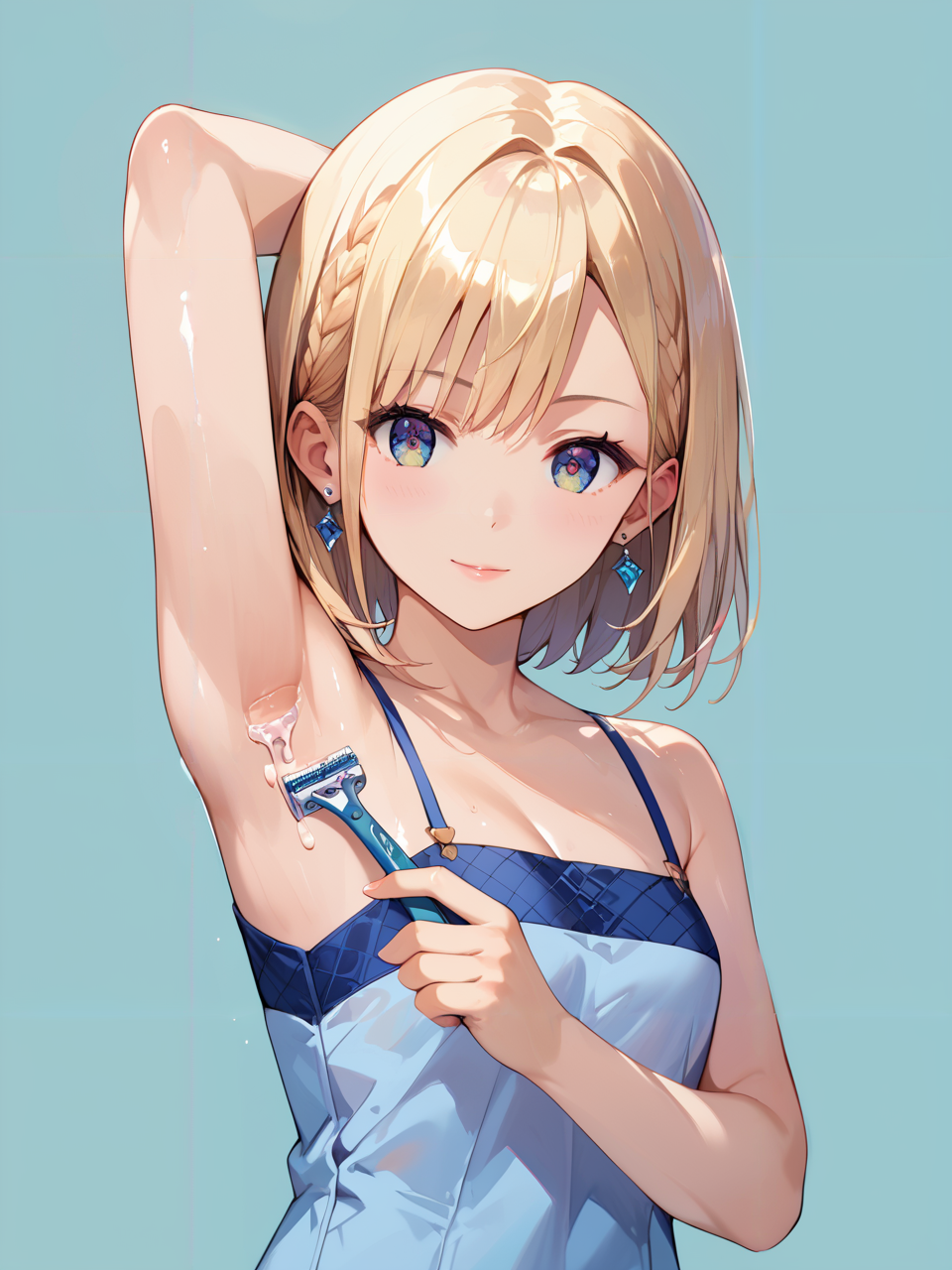 score_9, score_8_up, score_7_up,source_anime, high res image,masterpiece,quality,best quality,ultra-detailed,8K,illustration,CG,shiny hair,clear skin,ultra-detailed-eyes,simple background,cute girl <lora:shaving armpits hair_pony_V1.0:1> shaving armpits hair, armpits, holding razor, arm up