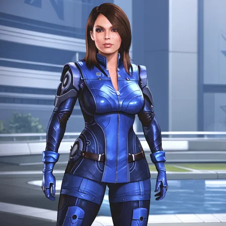 <lora:ashleymasseffect_pony_v1:1>  AshleyMassEffect, 1girl, brown hair, bodysuit, large breasts, gloves, long hair, brown eyes, cowboy shot, red lipstick,eyeshadow, cowboy shot