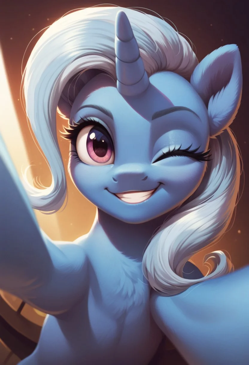 score_9, score_8_up, score_7_up, score_6_up, score_5_up, score_4_up, my little pony, ((feral pony)), Trixie, 1girl, ((solo)), (sexy), beautiful, detailed, (detailed cute pony face), detailed eyes, detailed fur, detailed hooves, beautiful, vector, flat colors, (beautiful long eyelashes), (beautiful hooves), simple background, colorful background, (looking at you, looking at viewer:1.5), selfie, smiling, one eye closed, ((close-up)), high angle
