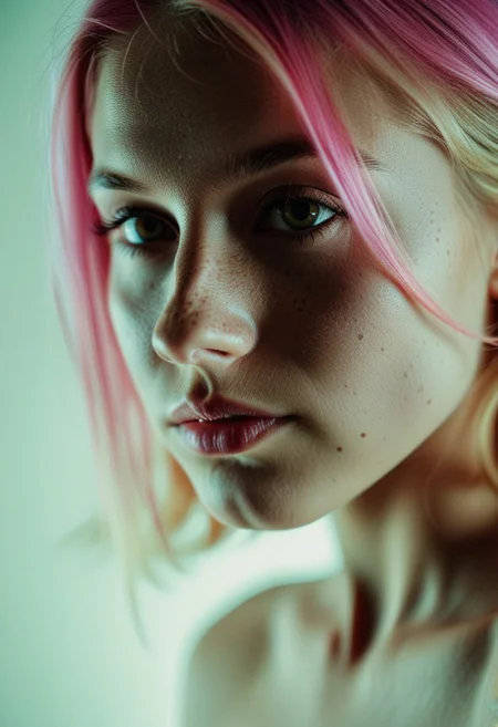Masterpiece photography, high detailed photography, realistic portrait, film still, emotional, professional lighting, relaxed , sensual , irresistible , fine details, fine art photography style, analog film grain, art nouveau , 
BREAK
22yo young woman , (cute beautiful face), ( small breasts, wbithe-blonde pink hair, bright eyes, piercing gaze), detailed skin, some freckles on nose, extended eyeshadow makeup , minimalist background,  bokeh, detailed catchlights, rimlighting, close-up,  8k,
