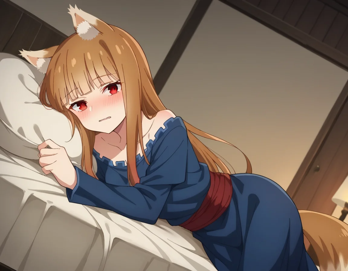 score_9, score_8_up, score_7_up, source_anime,
wolfholo, <lora:wolf-holo-alpha-ponyxl-lora-nochekaiser:1>
holo, red eyes, bangs, blunt bangs, sidelocks, animal ears, fox ears, brown hair, long hair,
dress, long sleeves, collarbone,
indoors, bed, bed room, on side, blush, drunk,
looking at viewer, cowboy shot, dutch angle,