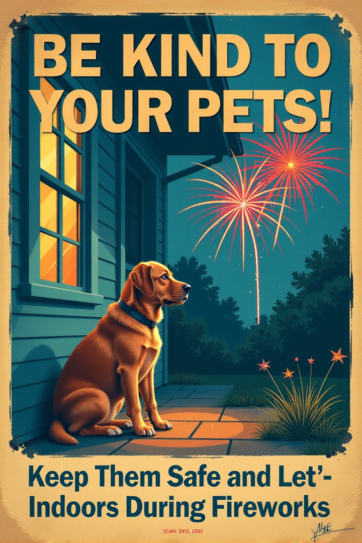 A vintage-style poster featuring a sad-looking dog cowering inside a house with closed windows, while colorful fireworks explode safely in the distance outside. The text in a gentle, blue font reads: "BE KIND TO YOUR PETS! Keep Them Safe and Indoors During Fireworks." Emphasize the importance of animal safety during celebrations.  <lora:REMEs_War_Poster_Style:0.95> In REME's War Poster Style,âââ
