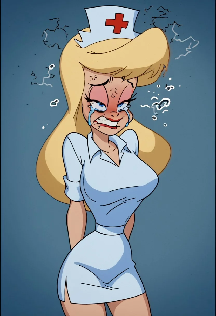 score_9, score_8_up, score_7_up, rating_questionable, zPDXL, 2d source_cartoon, (adult:1.2), facing the viewer, , horny, solo 1girl
<lora:Hello_Nurse_XL_Animaniacs:1> Heloise Nerz, 1girl, dirty messed burnt blonde hair, blue eyes, totally burnt hair, sexy, horny, crying, scared, in love, extremely dirty white dress, hardly beaten fifty times, confused, deeply humiliated face, depressed face, black eyes, circles under eyes, beaten by ninty boxers, broken heart, under arrest, broken arms, toothless face, no tooth, smashed teeth, crazy emotion, extremely violently beaten face, ten times more extremely violently beaten face, big deep shiners on both eyes, narrow waist
<lora:Expressive_H:1>
<lora:r3nst1mpyXLP:1> r3nst1mpy,aaa