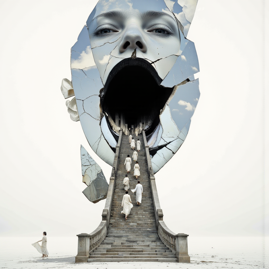 <lora:lora-DuoTone, Bleaked White_trained:1>DuoTone, Bleaked White, an infinite white field, featureless and vast, with no sky, no groundâonly an endless glow stretching forever. In the center stands a colossal, fragmented mirror, reflecting a woman who is not standing there.
Her face is pale, expressionless, frozen in time. But her mouth is wide openâunnaturally wide, impossibly deep. From the black abyss inside her mouth, a massive stone staircase extends outward, curving gently toward the ground. It is ancient, cracked, worn from the weight of countless footsteps.
Figures descend from her mouth, walking down the staircase as if stepping from another world. Their forms are faceless, draped in soft, flowing fabrics that shift like liquid light. Some pause, glancing toward the mirror, but their reflections do not match.
In the mirrorâs fractured surface, the womanâs other selves stare backâsome with too many eyes, others with hollow sockets, a few with their own staircases spilling from their lips. The wind does not exist here. The figures move in silence, their bare feet never making a sound.
The woman does not blink.
The stairs continue to spill from her, endlessly feeding an exodus from somewhere unseen.
A haunting, surreal cinematic composition, stark high-contrast lighting, elongated dramatic shadows stretching into infinity, unsettling but mesmerizing.