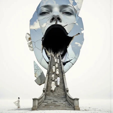 <lora:lora-DuoTone, Bleaked White_trained:1>DuoTone, Bleaked White, an infinite white field, featureless and vast, with no sky, no groundâonly an endless glow stretching forever. In the center stands a colossal, fragmented mirror, reflecting a woman who is not standing there.
Her face is pale, expressionless, frozen in time. But her mouth is wide openâunnaturally wide, impossibly deep. From the black abyss inside her mouth, a massive stone staircase extends outward, curving gently toward the ground. It is ancient, cracked, worn from the weight of countless footsteps.
Figures descend from her mouth, walking down the staircase as if stepping from another world. Their forms are faceless, draped in soft, flowing fabrics that shift like liquid light. Some pause, glancing toward the mirror, but their reflections do not match.
In the mirrorâs fractured surface, the womanâs other selves stare backâsome with too many eyes, others with hollow sockets, a few with their own staircases spilling from their lips. The wind does not exist here. The figures move in silence, their bare feet never making a sound.
The woman does not blink.
The stairs continue to spill from her, endlessly feeding an exodus from somewhere unseen.
A haunting, surreal cinematic composition, stark high-contrast lighting, elongated dramatic shadows stretching into infinity, unsettling but mesmerizing.