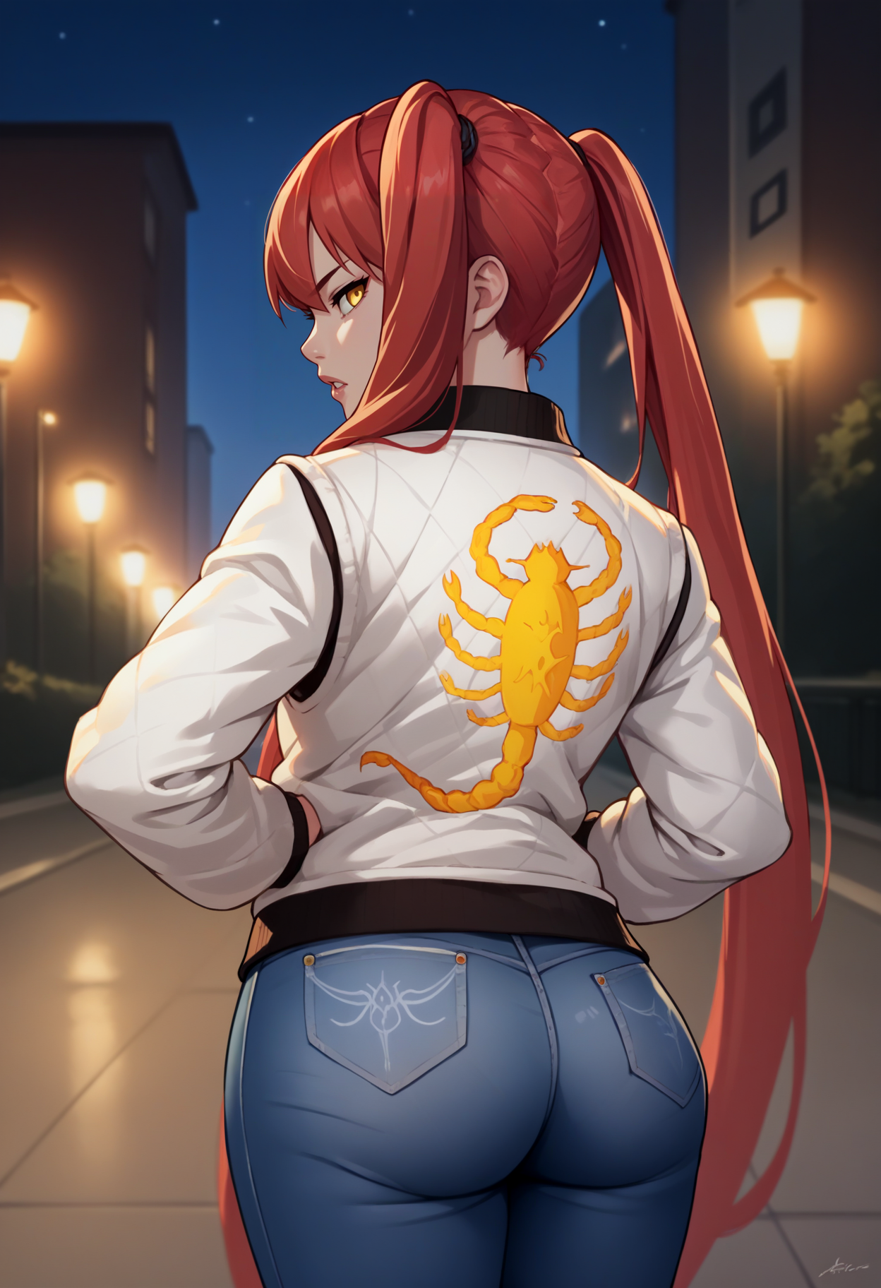 score_9, score_8_up, score_7_up, source_anime BREAK 1girl, solo, red hair, twintails, very long hair, yellow eyes, <lora:drivejacket-outfit-richy-v1_pdxl:1> print jacket, white jacket, from behind, jeans, from side, looking at viewer, looking back, large ass, dark, darkness, night, night sky, parted lips, hand at side, contrapposto, thighs, wide hips