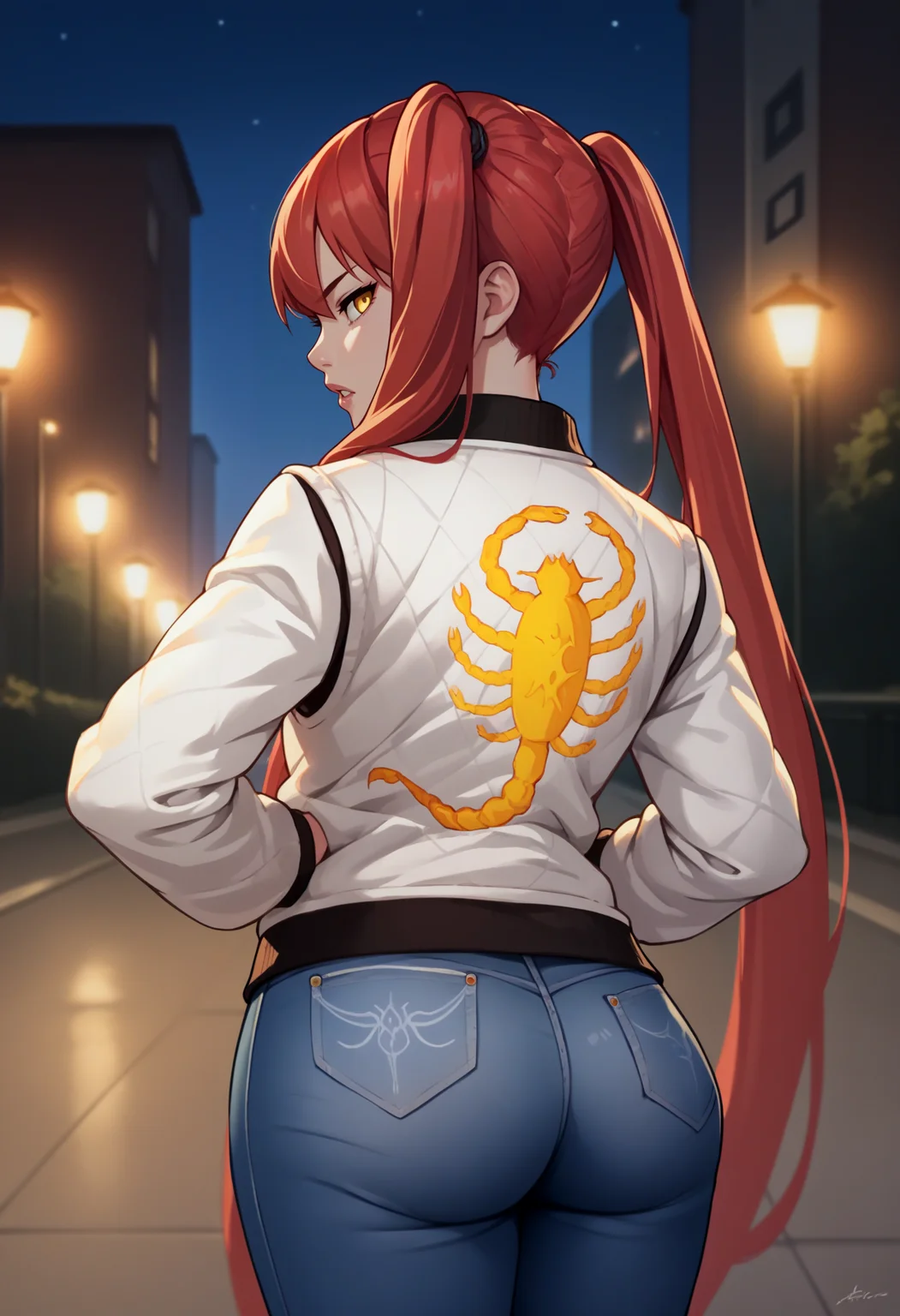 score_9, score_8_up, score_7_up, source_anime BREAK 1girl, solo, red hair, twintails, very long hair, yellow eyes, <lora:drivejacket-outfit-richy-v1_pdxl:1> print jacket, white jacket, from behind, jeans, from side, looking at viewer, looking back, large ass, dark, darkness, night, night sky, parted lips, hand at side, contrapposto, thighs, wide hips