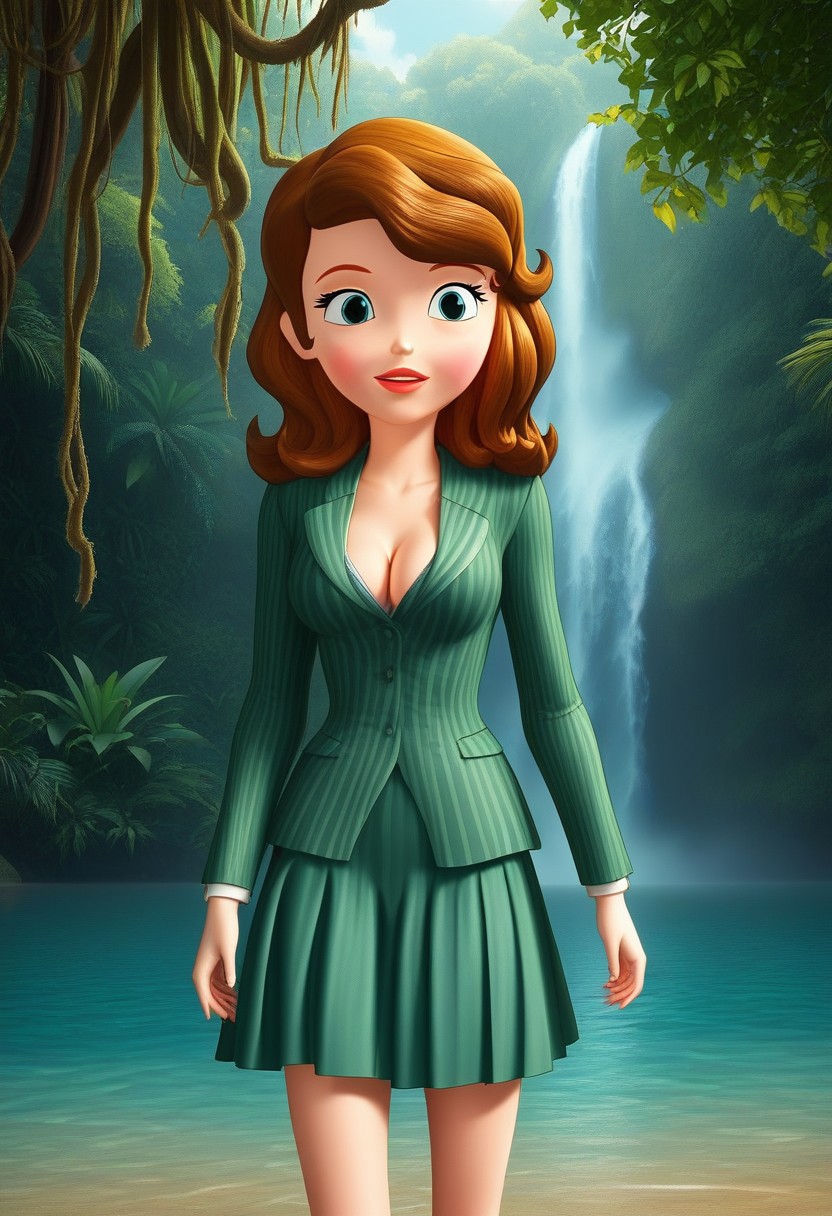 sofia_the_first,  blue eyes, brown hair,skirt suit, striped suit, fitted skirt, sea green suit, medium breasts, cleavage, 18 years old, Jungle w4t3rf4ll,painting in the style of romanticism