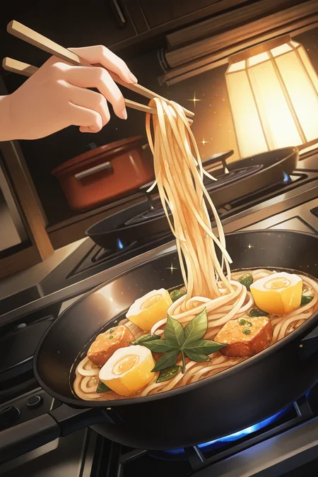 realistic shading, dark, dim lighting, food focus, dafoodie, sparkling food focus, sparkle, chopsticks, noodles in frying pan, leaf, stove, sizzling, indoors, dutch angle, dynamic angle, intricately detailed illustration, depth of field, atmospheric perspective, masterpiece, best quality, amazing quality, very aesthetic, absurdres, newest