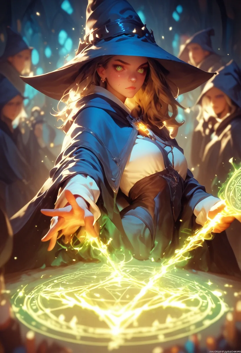 score_9, score_8_up, score_7_up, mythp0rt, hkmagic, witch casting magic spell at night, holding wand, magic circle, glowing runes, light particles, vibrant colors, special effects