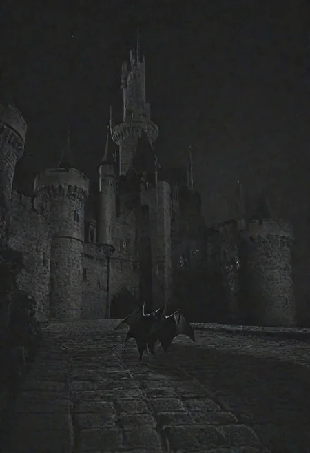 bat walking around a castle at night