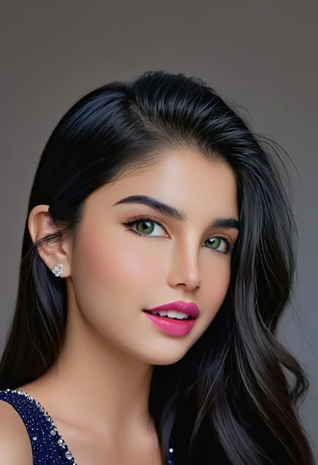 photorealistic, epic realism, (masterpiece), (Realistic photo), (High quality), (RAW photo 8k), (upper body), (Photography by Steve McCurry), incredibly absurdres, young, supermodel, 1girl, solo, ((upper body:1.4)), ((portrait, looking at the viewer)), (outline defined full lips:1.4), (green/hazel eyes), perfect symmetrical eyes, long eyelashes, wearing an indigo haute couture dress, neckline, diamond choker, diamond stud earrings, sparkle, (highly detailed, intricate), ((black hair:1.4), modern hairstyle, hair intakes, (healthy hair, silky hair, voluminous hair)), ((natural, eyeliner, pink lipstick, seductive smiling expression, closed mouth, closed lips, highly detailed face)), (exceptional Detail Clarity, dynamic angle, DSLR, hyper-detailed), (fine details, sharp focus, depth of field).