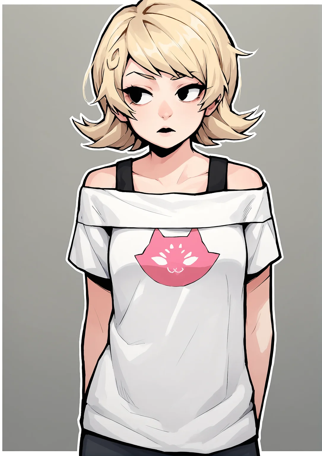 score_9, score_8_up, score_7_up, score_6_up, score_5_up, score_4_up, 2d, anime, anime artstyle, simple shadows, flat coloring, flat shadows, thick lines, white outline, <lora:Roxy_Lalonde_-_Homestuck__Variant_canon_outfits__SDXL_Pony:1> roxlal, roxstart, t-shirt, off shoulder, blonde hair BREAK source_anime