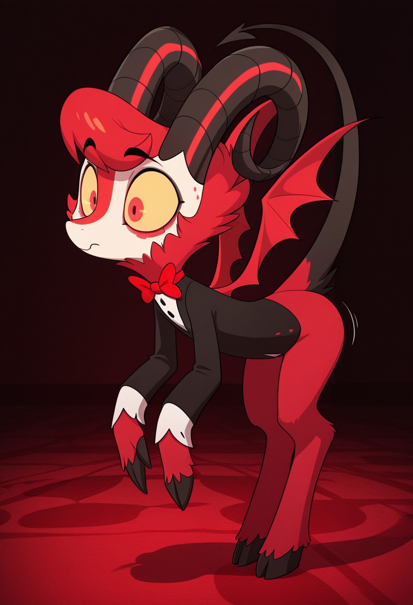 masterpiece, best quality, amazing quality, dazzle, solo, 1boy, Demon, goat horns, yellow sclera, red Eyes, Demon wings, red fur, tuxedo, red bowtie, bara, full body