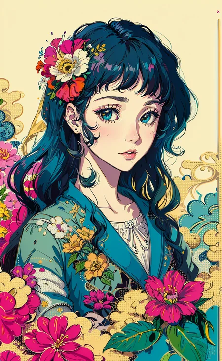 (masterpiece, top quality, best, official art, beautiful and aesthetic:1.2),
1girl, (pop art:1.4), (zentangle, flower effects:1.2), (art nouveau:1.1),