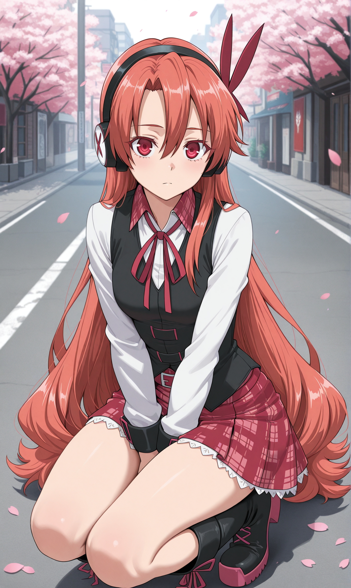 1girl, solo, masterpiece, best quality, amazing quality,street, cherry blossoms, looking at viewer,  <lora:chelsea_akame-ga-kill_illust-scarxzys:1>, chelsea (akame ga kill!), black boots, black hairband, black vest, boots, red hair, collared shirt, hair between eyes, hair ornament, hairband, headphones, long sleeves, miniskirt, neck ribbon, plaid clothes, plaid skirt, red eyes, red ribbon, red skirt, very long hair, white shirt, wing collar