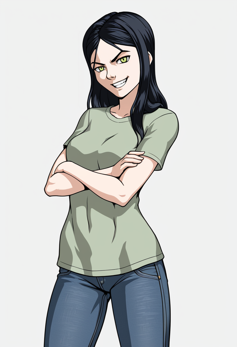 <lora:laura_rle_v3:1> laura_rle, 1girl, solo, black hair, green eyes, plain gray t-shirt, jeans, raising one eyebrow, cowboy shot, simple white background, arms crossed, grin,