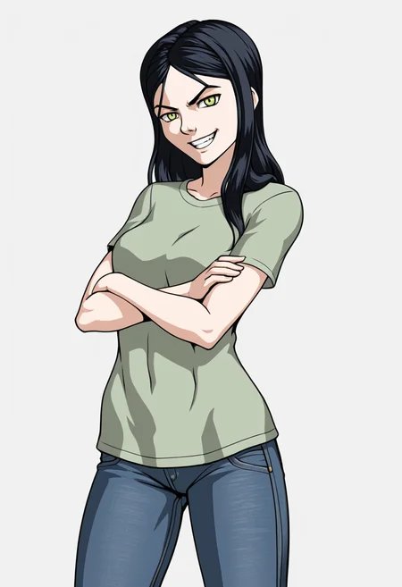<lora:laura_rle_v3:1> laura_rle, 1girl, solo, black hair, green eyes, plain gray t-shirt, jeans, raising one eyebrow, cowboy shot, simple white background, arms crossed, grin,