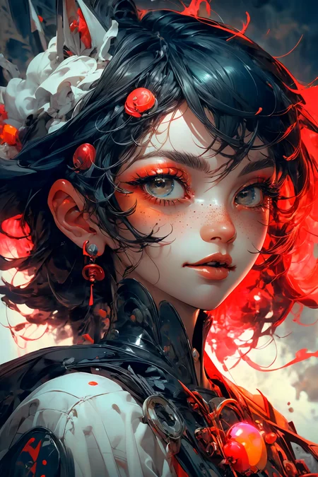 close-up shot, woman, gothic make-up, detailed skin, light freckles, shallow depth of field, OverallDetail
<lora:more_details:0.4>
 <lora:Cosmic anime-oil fusion v2:0.45> 
<lora:AnimeVibesV3:0.3> animevibes, 
<lora:3DMM_V11:0.5> 3DMM 
<lora:midjourney_20230624181825:0.7> midjourney ,
 <lora:LAS:0.5> cloud,colorful,
<lora:msw_locon-t2:0.6>
 <lora:wuxia2:0.6> gu,
 <lora:CyberpunkStyleV1:0.2> PunkAI ,
<lora:CatgirlMaidV1.0-000003:0.35> CatgirlMaid, shiny, shiny hair, shiny skin, shiny clothes