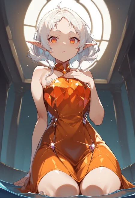 score_9, score_8_up, score_7_up, score_6_up, source anime,
eihplyspnxl, sylphiette \(mushoku tensei\), pointy ears, elf, short hair, sidelocks, orange eyes, hip vent, hand on own chest, wariza, sitting,
crystalline dress, bare shoulders, looking at viewer, partially submerged, from below ,
volumetric lighting, low key, high contrast, dark room, furniture, indoors, vivid color,
masterpeice, best quality, very aesthetic, absurdres
<lora:sylphiette:0.6>
 <lora:crystalline_dress-PD-1.0:1>