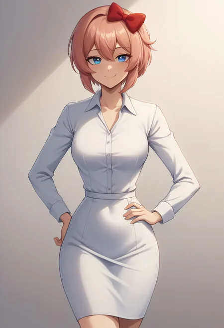 score_9, score_8_up, score_7_up, 4k, absurdres, uhd,
1girl, adult, abstract background, artistic portrait, solo, cute woman,
<lora:ddlc-sayori-ponyxl-lora-nochekaiser:1.0> ddlcsayori, blue eyes, hair between eyes, hair bow, hair ornament, pink hair, red bow, short hair,
happy,looking at viewer, closed mouth, smug, naughty face,
cowboy shot, pose, confident, hand on own hip, contrapposto,
<lora:edgOfficeLadyPonyv1:0.8> edgpdress, wearing edgpdress, white dress, office lady,