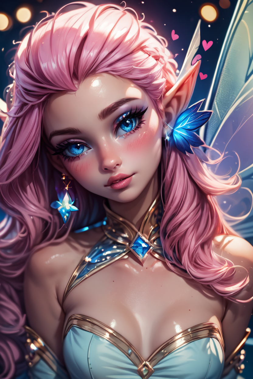 score_9, score_8_up, score_8, medium breasts, (curvy), cute, eyelashes,       BREAK, , zzTasi, blue eyes, pink hair, long hair, fairy wings, dress, thighhighs,   <lora:TasiAFK_PDXL_v2:0.7>,   , BREAK,  (ultra realistic,32k, masterpiece:1.2),(high detailed skin:1.1),( high quality:1.1), curvy, head tilt, hearts, blush, lips, curvy, head tilt, shiny clothes, (upper body), looking at viewer, bokeh, luminescent background,  embedding:zPDXL, Expressiveh,  <lora:RlAnmPDXL:1.0>,