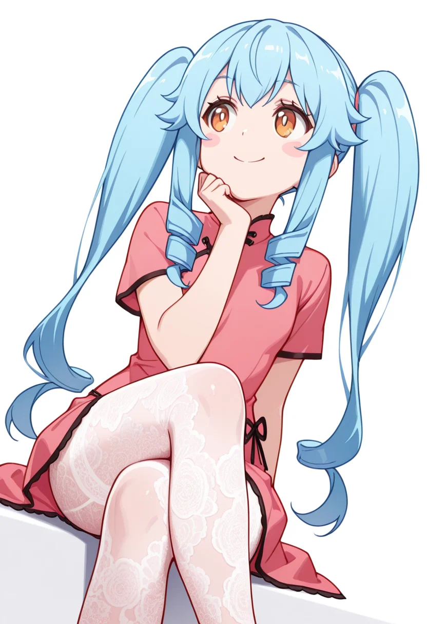 masterpiece,high quality details, absurdres,
sitting, legs crossed, hand on chin, smiling, relaxed, ,
<lora:Michiru_Kusagakure:0.8>
michiru_cnr, 1girl, blue hair, long hair, twintails, drill hair, sidelocks, orange eyes, blush stickers,, 0w0,, simple background, white background, dutch angle,solo,, cheongsam top ,t-shirt ,sarong skirt, ,lace legwear pantyhose,