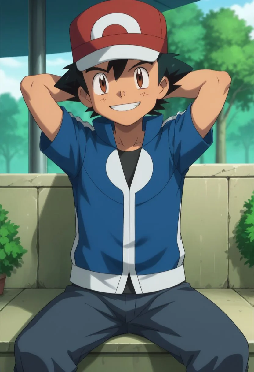 score_9, score_8_up, score_7_up, source_anime, highly detailed, 1boy, solo, male_focused
ash_ketchum, hat, brown eyes, black hair, baseball cap, outdoors, jacket, closed mouth, shirt, blue jacket, a
sitting, big smile, teeth, skinny, slender, cute, hands behind head