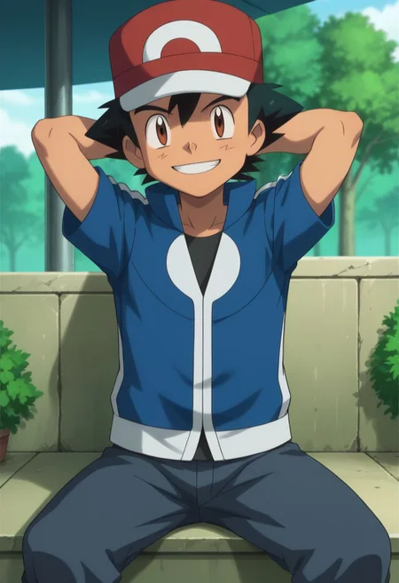 score_9, score_8_up, score_7_up, source_anime, highly detailed, 1boy, solo, male_focused  
ash_ketchum, hat, brown eyes, black hair, baseball cap, outdoors, jacket, closed mouth, shirt, blue jacket, a
sitting, big smile, teeth, skinny, slender, cute, hands behind head