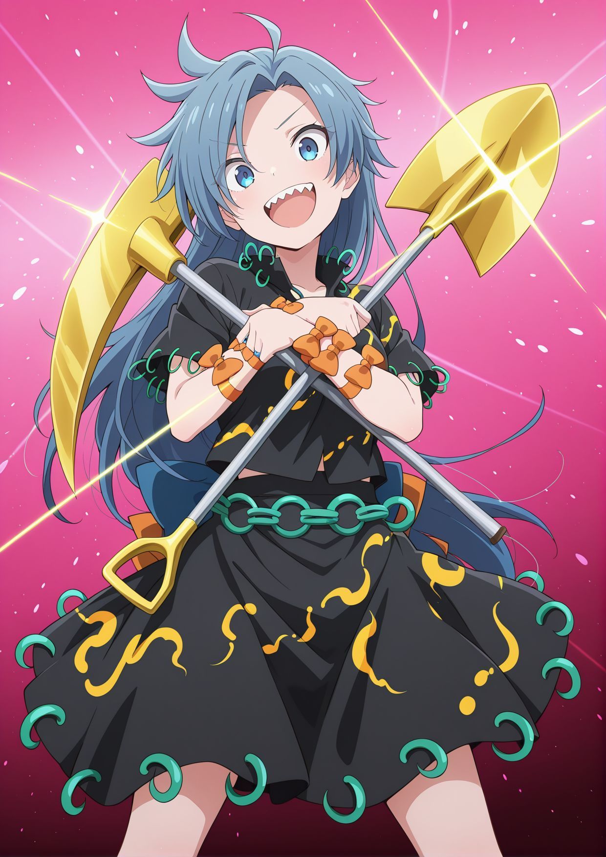 absurdres, highres, masterpiece, best quality, amazing quality, official anime artwork, screencap, anime screencap, looking at viewer, smile, sharp teeth, dynamic pose, standing,
 <lora:Momoyo-Himemushi_Illustrious:1> himemushi momoyo, 1girl, solo, blue eyes, blue hair, long hair, ahoge,, black shirt, short sleeves, black skirt, back bow, orange bow, jewelry, ring, arm ribbon, leg ribbon, holding shovel, holding pickaxe, pink theme, light particles, danmaku, open mouth,
