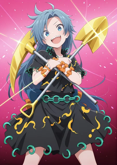 absurdres, highres, masterpiece, best quality, amazing quality, official anime artwork, screencap, anime screencap, looking at viewer, smile, sharp teeth, dynamic pose, standing,
 <lora:Momoyo-Himemushi_Illustrious:1> himemushi momoyo, 1girl, solo, blue eyes, blue hair, long hair, ahoge,, black shirt, short sleeves, black skirt, back bow, orange bow, jewelry, ring, arm ribbon, leg ribbon, holding shovel, holding pickaxe, pink theme, light particles, danmaku, open mouth,