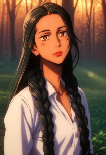 score_9, score_8_up, score_7_up, source_anime, intricate details, anime screencap, perfect balance, official art, extremely detailed CG unity 8k wallpaper, perfect lighting, Colorful, Warm_Front_face_Lighting, (masterpiece:1.0),(best_quality:1.0), ultra high res,4K,ultra-detailed, photography, 8K, HDR, highres, absurdres:1.2, Kodak portra 400, blurry background, bokeh, lens flare, (Anime) (vibrant_color:1.2), professional photograph, night, (good_face:1.2), 2d, anime, upper body, intricate iris, American, Professional character design, 1girl, female focus, (Orange amber eyes), perfect eyes, (black-hair), tanned skin, dark skin, Native American, Indigenous, American Indian, Tribal, feathers, Tribal_braids, Decorated_braids, white dress shirt, bolo tie, black_leather_jacket, Black-Western-Fringe-Jacket, youthful, solo, jujutsu_kaisen_style, character portrait, (perfect-lighting, lens flare), face, torso, (Friendly), young, (redwood forest, nature), (Dark-black-hair), Long hair, Wild hair, feathered hair, tanned skin, Native American, Indigenous, American Indian, Tribal, feathers, Tribal_braids, Decorated_braids, Feathers-in-braids, white dress shirt, (bolo-tie), Black-Leather-Fringed Jacket, (Black-Fringed-Jacket), wild, animalistic, energetic, hyper, North American, Shimmering-Eyes, Admiration, Pride, (Red, Orange, Yellow, Black) almond-shaped eyes, high cheekbones, strong jawline, (Black Hair)