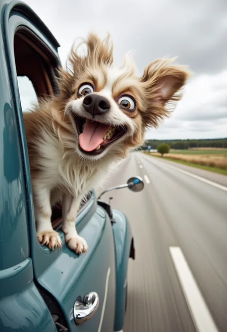pixarpression w1nd8l0wn photo of a cute dog with its mouth open and tongue wagging in the breeze, sticking out the window of an old pickup truck driving at high speed down the highway.