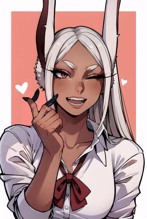 masterpiece,best quality,extreme detail,8k,<lora:mirko-12:0.8>,mirko2,1girl,solo,long hair,looking at viewer,blush,smile,open mouth,shirt,red eyes,bow,animal ears,school uniform,collarbone,white shirt,upper body,white hair,heart,one eye closed,teeth,collared shirt,dark skin,bowtie,nail polish,rabbit ears,red bow,dark-skinned female,parted bangs,eyelashes,blue background,border,black nails,white border,rabbit girl,long eyelashes,