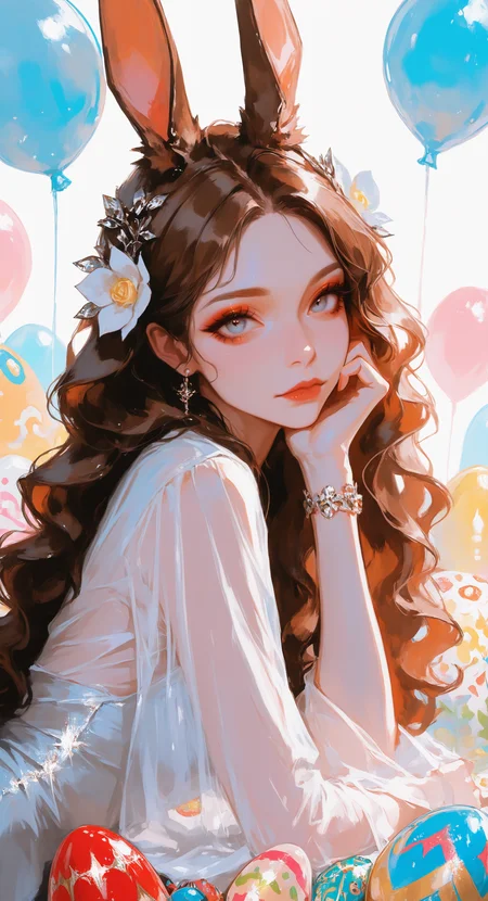 masterpiece, best quality, good quality, very awa, very aesthetic, absurdres, newest, (96yottea), 1girl, solo, long hair, looking at viewer, blue eyes, brown hair, hair ornament, dress, animal ears, closed mouth, jewelry, upper body, flower, earrings, hair flower, white dress, rabbit ears, bracelet, grey eyes, see-through, lips, makeup, rose, wavy hair, white flower, lipstick, head rest, nose, realistic, red lips, balloon, egg, mascara, easter egg, easter, glitter <lora:ponyv6_noobV1_2_adamW-000017:0.7> <lora:USNR_STYLE_XL_lokr:0.45> <lora:EtherSDXL:0.15>