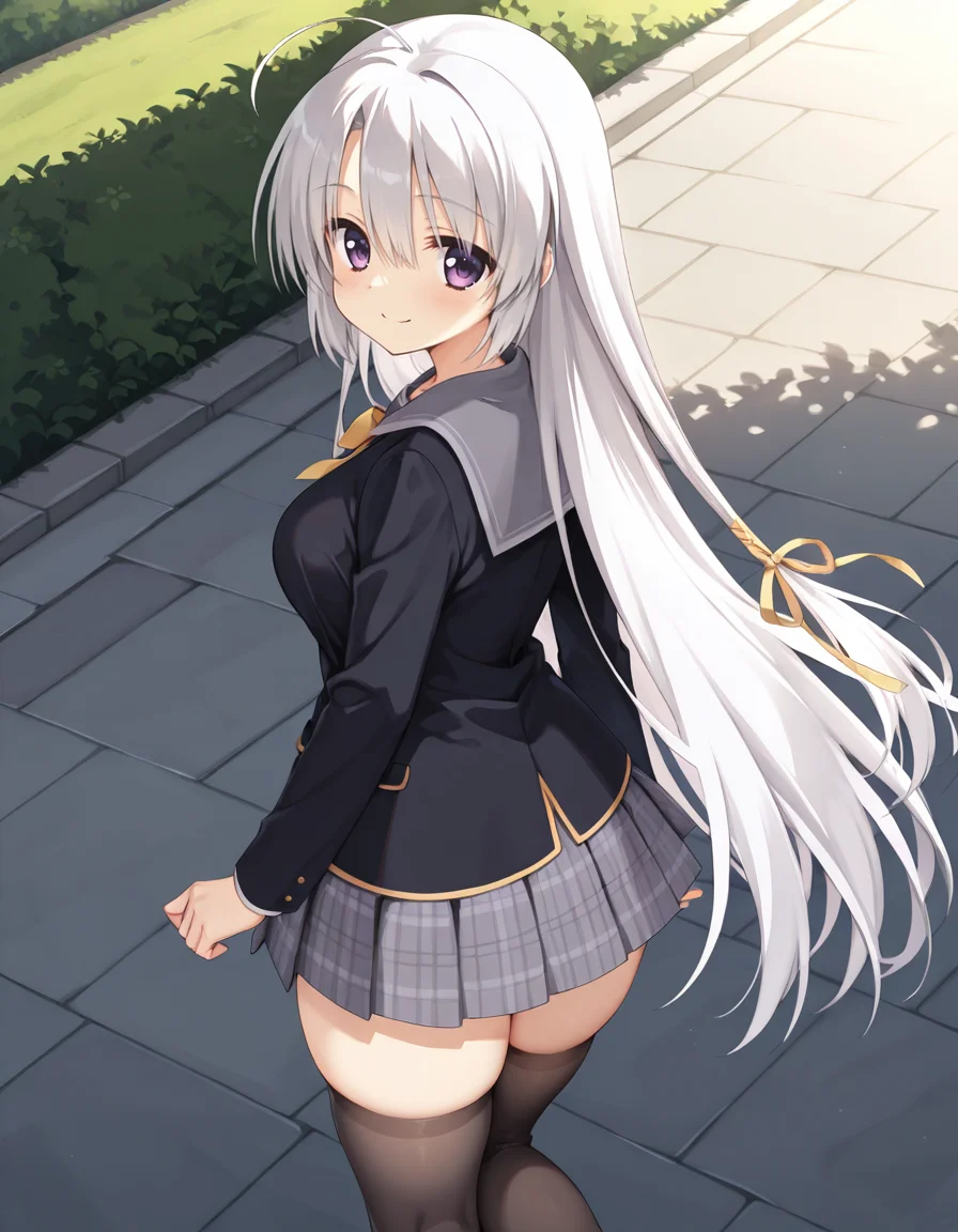 Ayachi Nene V2 (school uniform),purple eyes,white hair,very long hair,ahoge,school uniform,serafuku,black jacket,plaid skirt,black thighhighs,(grabbing breasts:-1),outdoors,day,
smile,
looking at viewer,
medium breasts,
hair between eyes,curvy,slim,thick thighs,detailed body, skindentation,matte skin,smooth skin,soft brightness,perfect hands,perfect fingers,five fingers,detailed hands,detailed mouth,kawaii,moe face,16k,(masterpiece,best quality,amazing quality),detailed linework,
(from behind:1.8),(from above:1.2),
<lora:ãµããã¦ã£ããç¶¾å°å¯§ã
illustriousV2SANOBA_WITCHAyachi_NeneillustriousV2:1:0.8>